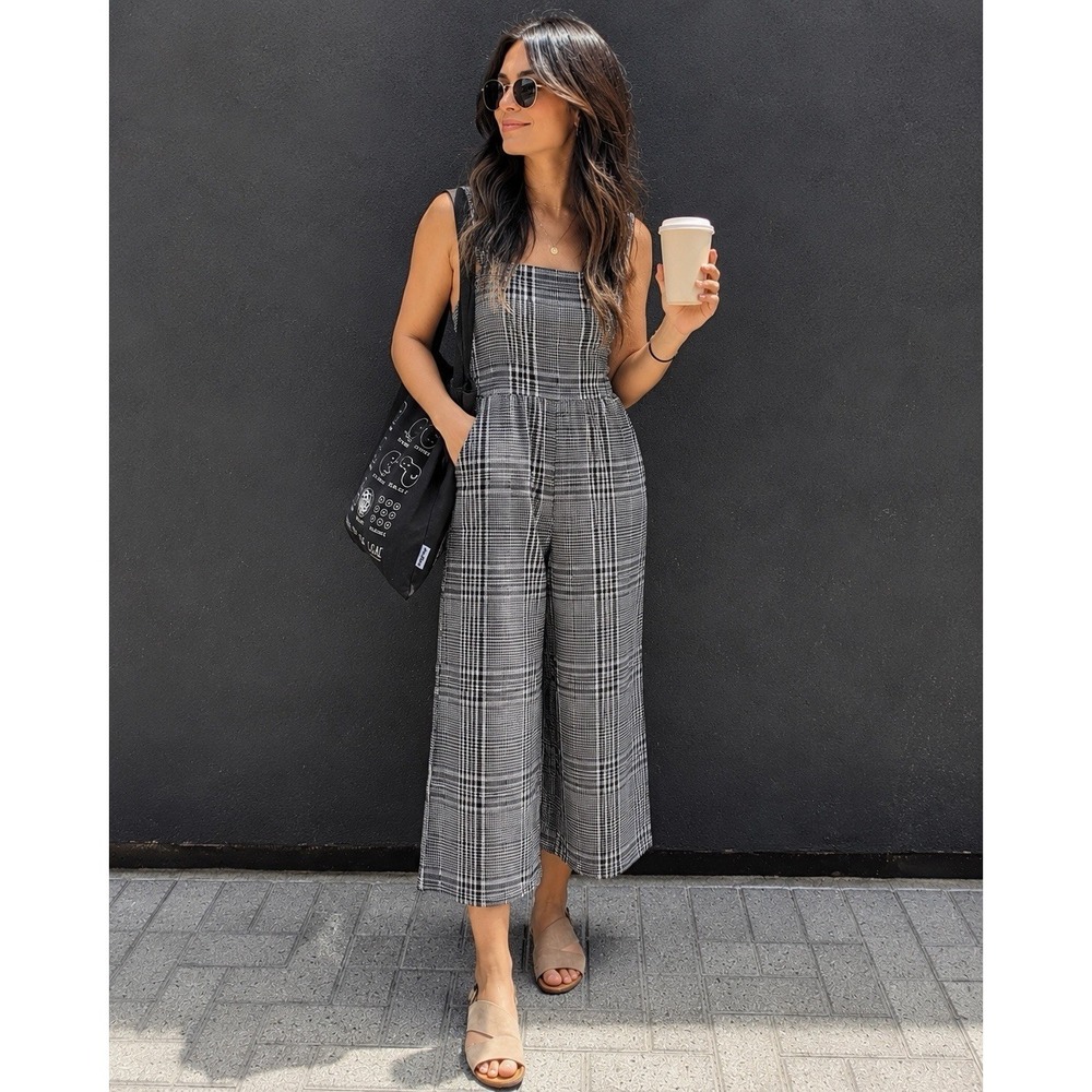 Oak + Fort Glen Plaid Wide Leg Cropped Jumpsuit XS Square Neck Minimalist